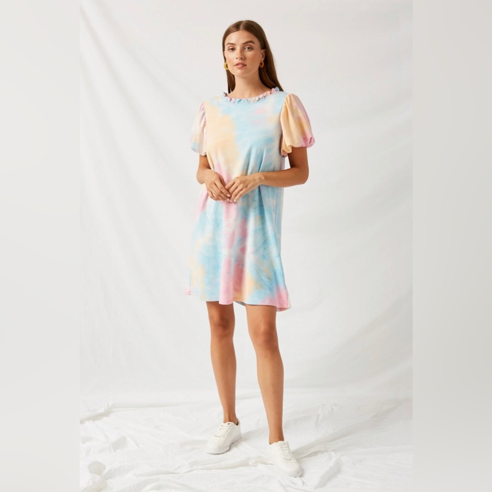 Ruffle Tye Dye Puff Sleeve Shirt Dress
